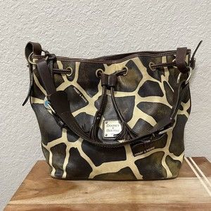 Dooney & Bourke Purse Serengeti Leather Giraffe Print Drawstrings Bucket Bag